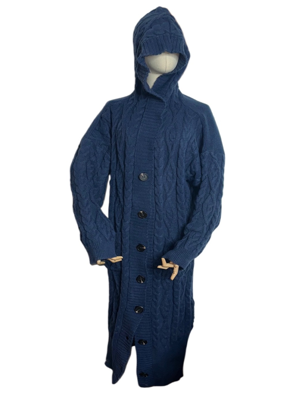 Navy Blue Long Cable Knit Button Close Chunky Cardigan with Hood, Pockets OSFM